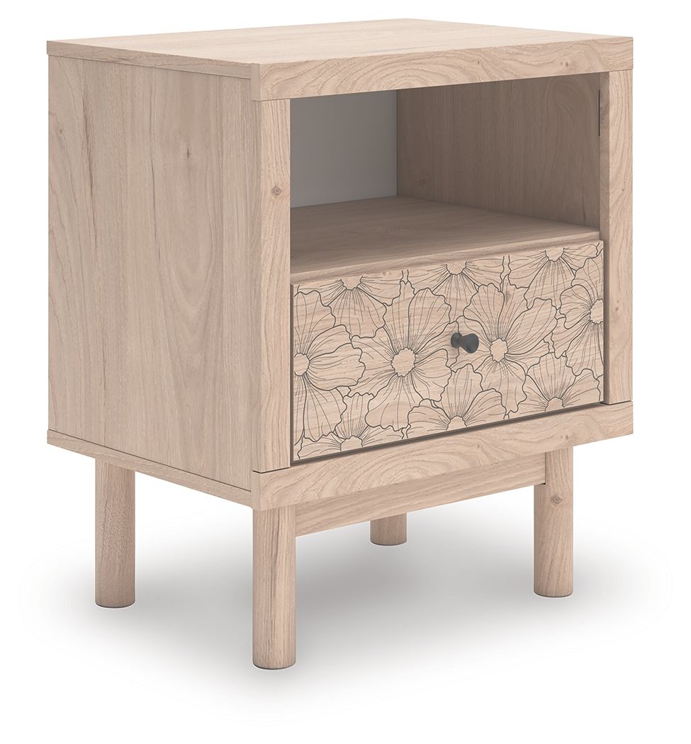Looking for a nightstand that-'s both playful and practical for your little one? This piece is just the ticket. Its charming design and light wood finish create a whimsical and inviting atmosphere. A floral-patterned drawer adds a free-spirited vibe and p