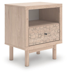 Looking for a nightstand that-'s both playful and practical for your little one? This piece is just the ticket. Its charming design and light wood finish create a whimsical and inviting atmosphere. A floral-patterned drawer adds a free-spirited vibe and p