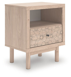 Looking for a nightstand that-'s both playful and practical for your little one? This piece is just the ticket. Its charming design and light wood finish create a whimsical and inviting atmosphere. A floral-patterned drawer adds a free-spirited vibe and p