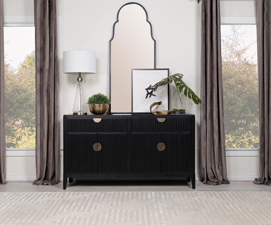 Captivating with a touch of Art Deco style, this black wood sideboard is a functional and fashionable addition to your dining room or living space. A great choice for expanding dining room storage, this chic sideboard is built of Asian hardwoods and wood 