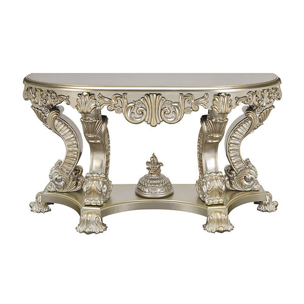  the Sorina coffee table is a great addition to your living room. The silver and gold finishes complement each other flawlessly. This coffee table showcases elaborate carvings on the table base to recreate 