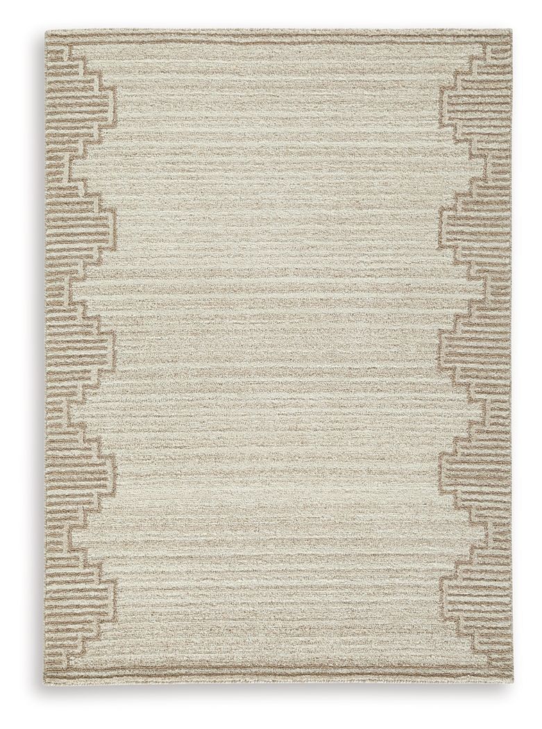 Dress up any floor with the tastefully approachable design of this rug. Its distinctive stepped border pattern, rendered in versatile neutrals, creates a subtly eye-catching look that brings modern elegance to any casual space. Crafted from wool with a ge
