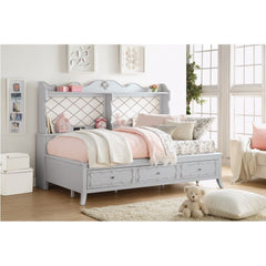 KD, Daybed (Twin Size) Storage: 3 Drw, Back Panel: Bookcase & USB Power Dock (2 Shelves) Box Spring Not Required(13 Slats Included) 3 Support Legs Included Front Panel: KD Base, KD 3 Drw Drawer: GLIDE Center Bottom Wooden (3/4 Ext.), Dovetail French Front