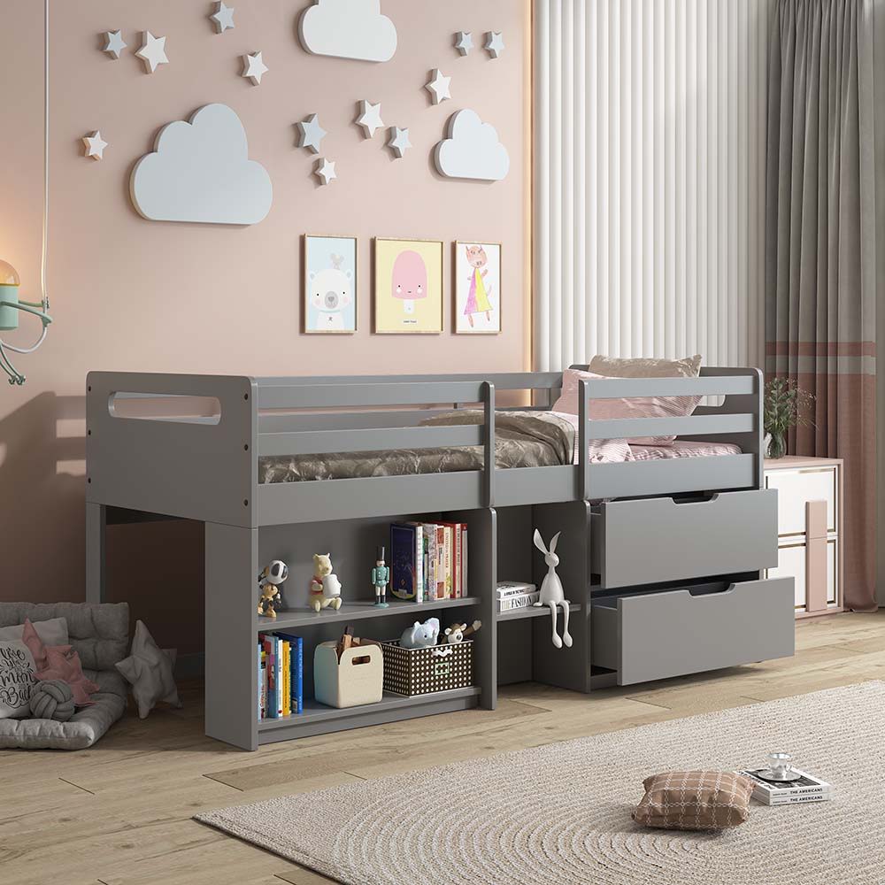 Add style and function to your little one-'s bedroom with the Fabiana twin loft bed. The loft bed is lower in profile than traditional lofts for smaller children and it offers a guardrail that ensures that they won-'t roll off while sleeping. Help them ke