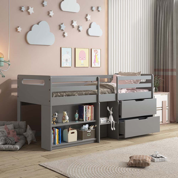 Add style and function to your little one-'s bedroom with the Fabiana twin loft bed. The loft bed is lower in profile than traditional lofts for smaller children and it offers a guardrail that ensures that they won-'t roll off while sleeping. Help them ke