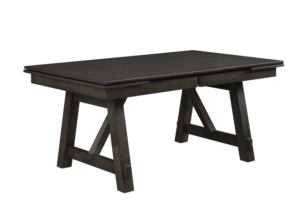 Make a bold statement in your dining space with this modern yet rustic set, designed for both style and functionality. The sleek rectangular table features dual draw leaves and a striking trestle base, adding a contemporary touch with a sturdy foundation.