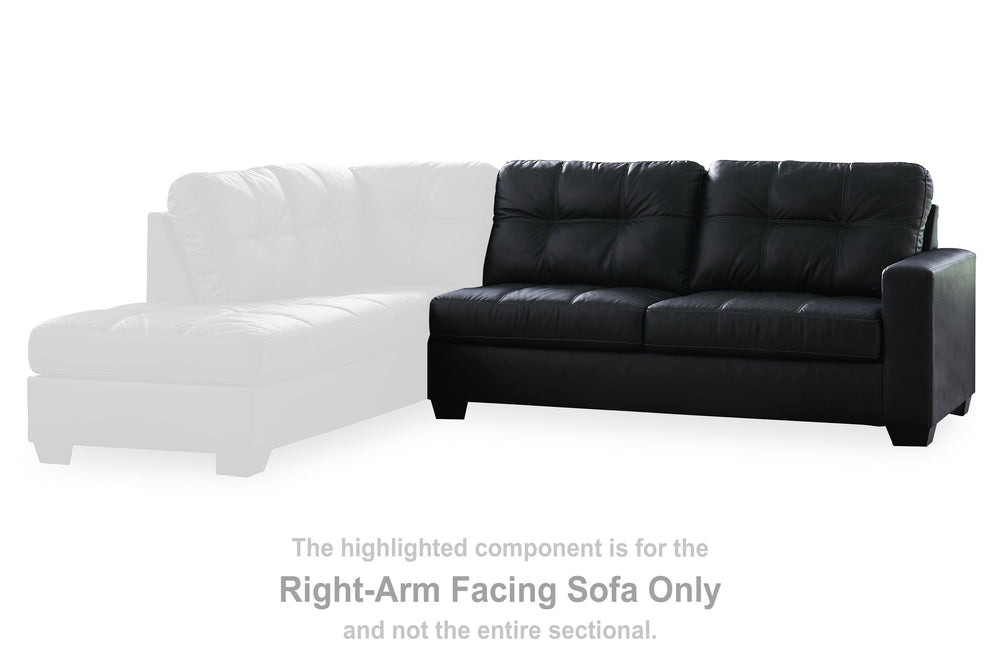 This right-arm facing sofa is made with faux leather upholstery. Pairs with other items in the series to make a sectional.<br><br><b>Additional Dimensions</b><br><ul><li>Arm height: 26-"</li><li>Seat depth: 21-"</li><li>Seat height: 20-"</li><li>Top of cu