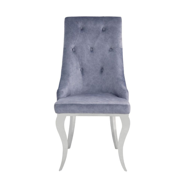 Dining Chair (High Back) Stationary Seat: Standard Dining Height Padded SEAT & BACK: Fabric () Stainless Steel Apron Seat Padded Backrest (Inside Button Tufted, Outside Ring) [sc] Stainless Steel Cabriole Leg Sloped Low Armrest: Padded<br/><br/><b>Product