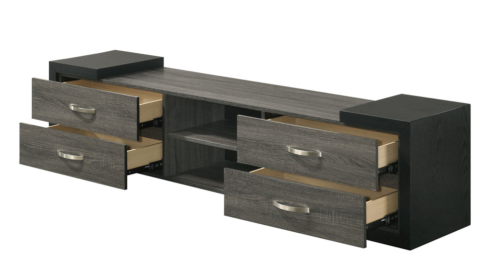 Discover the epitome of modern elegance with this stylish entertainment console, a perfect blend of contemporary design and functionality. Crafted with sleek, dark tones and complemented by bold black accents, this console exudes a sophisticated charm tha