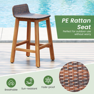 High-quality acacia wood construction for durability<br>Splinter-free surfaces for a smooth and safe touch<br>Ergonomic design with a supportive backrest and curved armrests<br>PE rattan seat is fade-resident for long-time use<br>Added footrests for a coz