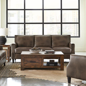  this piece consists of luxurious leather grain fabric. Recessed arms add a modern element to this piece that-'s ideal for loungi