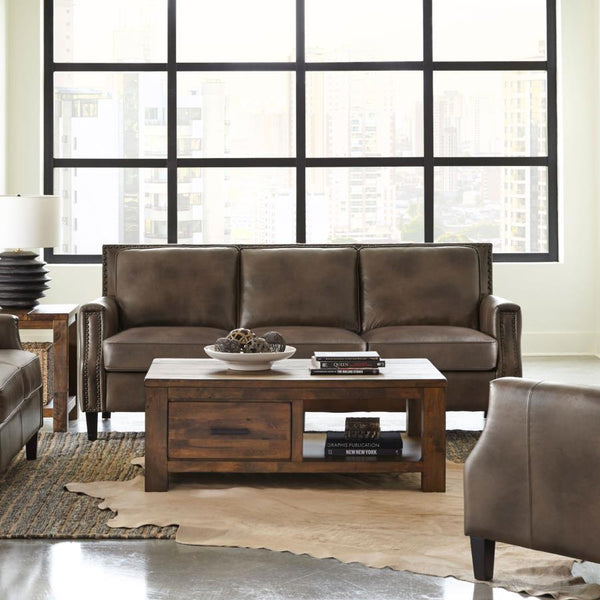  this piece consists of luxurious leather grain fabric. Recessed arms add a modern element to this piece that-'s ideal for loungi