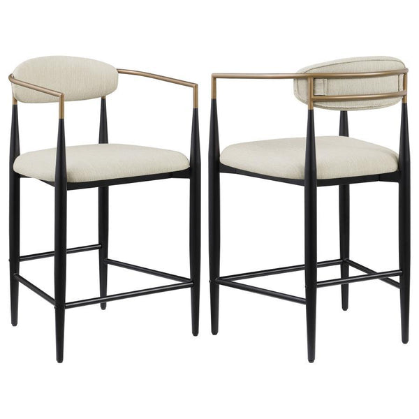 Charm is the watchword for a set of two modern counter height stools. Each embraces a light, airy ambiance with an open back and slim, rounded rest that provides ample support for everything from a leisurely meal to a quick bite. Its padded seat adds foam