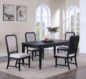 Elevate your dining experience with this elegantly crafted dining set, where traditional design meets modern sensibilities. The centerpiece, a rich black-finished table, stands on fluted legs, exuding an aura of sophistication and grandeur. Paired with ma