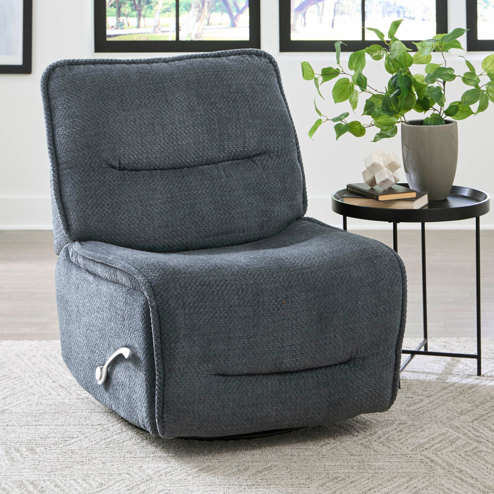 The Leo manual swivel glider recliner is a stylish, durable chair crafted with high-performance materials. Featuring padded backs and sides and a manual recline pull, this chair offers a modern look and a perfect blend of relaxation and versatility with i