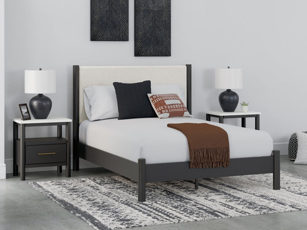  its fresh white fabric beautifully contrasts the matte black finish. The versatile design suits all-neutral spaces or blends 