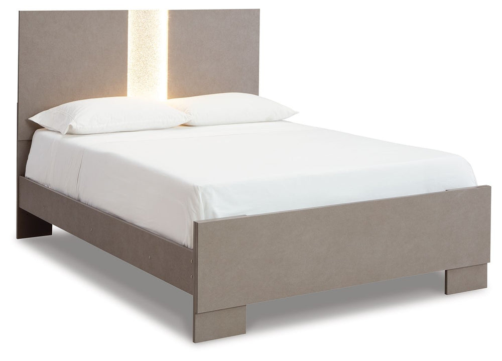 Love sleek and bold contemporary style? Drink in the beauty of this queen panel bed. The piece-'s eye-catching details include a leather grain look, glam glitter accents and remote-controlled LED lighting. Combined with the streamlined aesthetic, it-'s a 