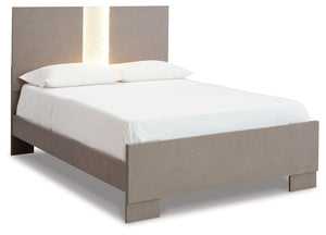 Love sleek and bold contemporary style? Drink in the beauty of this queen panel bed. The piece-'s eye-catching details include a leather grain look, glam glitter accents and remote-controlled LED lighting. Combined with the streamlined aesthetic, it-'s a 