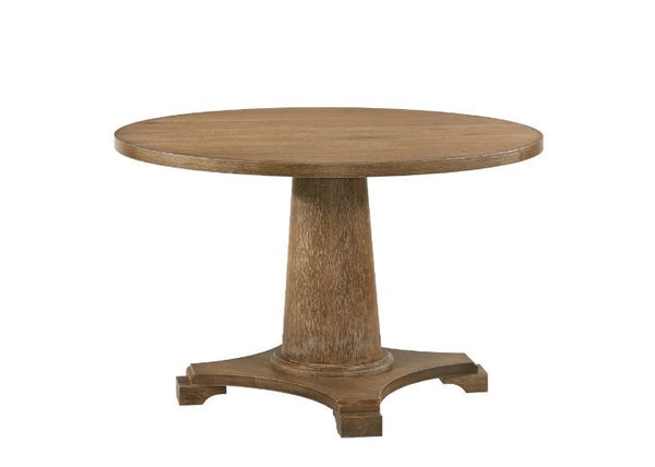 Simple yet elegant, the Yotam dining collection is one to be desired. Ideal for a smaller dining room or as a breakfast table. Its round tabletop perched atop a pedestal base. The salvaged oak finish adds the right amount of weathering that adds charm and