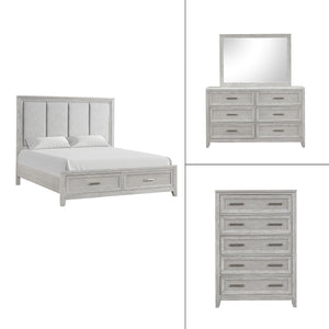 The Fiona 4 Piece Bedroom Set features a storage bed with a plush upholstered headboard, designed for ultimate comfort and convenience. The bed is complemented by a 6-drawer dresser and a 5-drawer chest, all exhibiting a harmonious blend of Acacia solids,