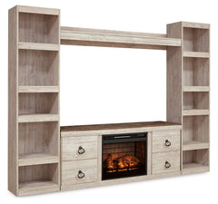This entertainment center with fireplace insert is the ultimate statement piece for your coastal cottage or shabby chic inspired retreat. Its whitewash finish is wonderfully easy on the eyes. Paired with the TV standâ€™s unique plank-style top, it-'s a dr