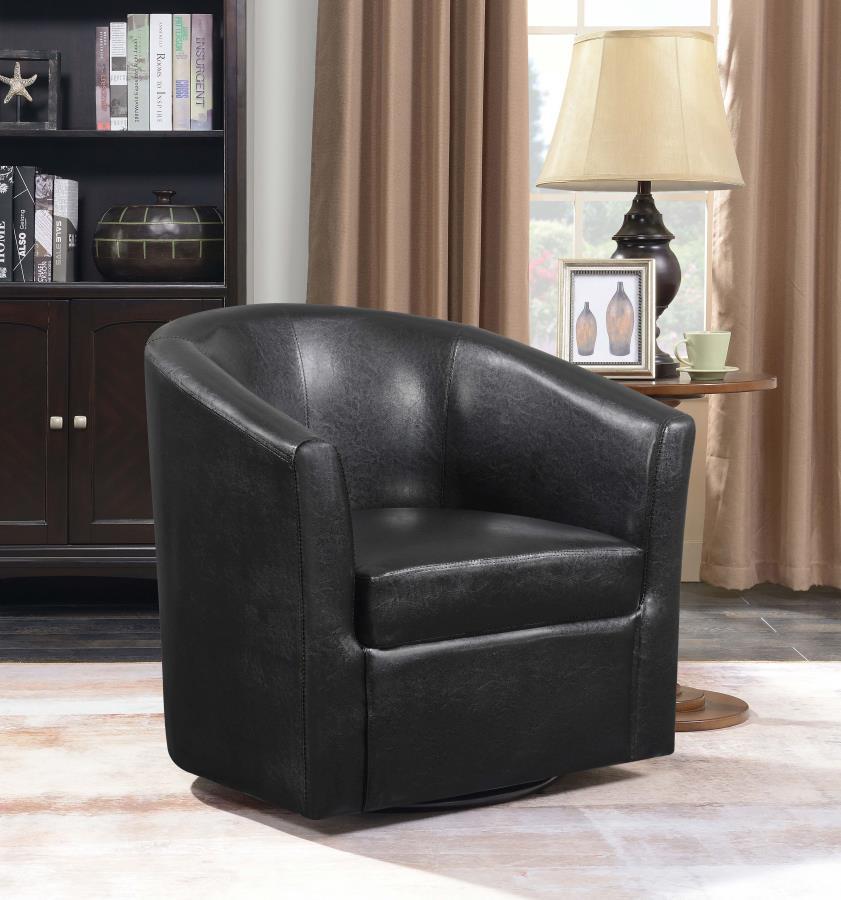 Freedom of movement adds a fresh upgrade to this swivel chair. Barrel-back design creates a comfortable seating experience and a tribute to retro fare. With dark brown leatherette upholstery, it-'s both inviting and easy to care for. Play up a bold print 
