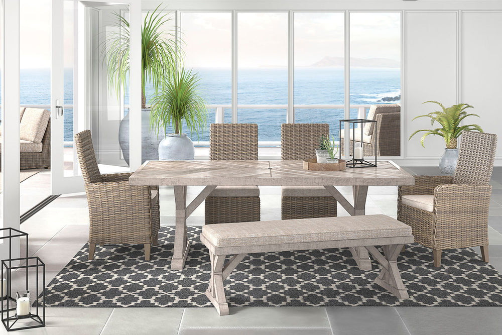For indoor or outdoor use. Cushioned resin wicker dining and modular seating. 4 throw pillows included with LAF/RAF loveseat. 2 throw pillows included with curved corner chair. Dining, cocktail and end tables have porcelain tops. Rust free aluminum frames
