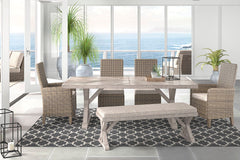For indoor or outdoor use. Cushioned resin wicker dining and modular seating. 4 throw pillows included with LAF/RAF loveseat. 2 throw pillows included with curved corner chair. Dining, cocktail and end tables have porcelain tops. Rust free aluminum frames