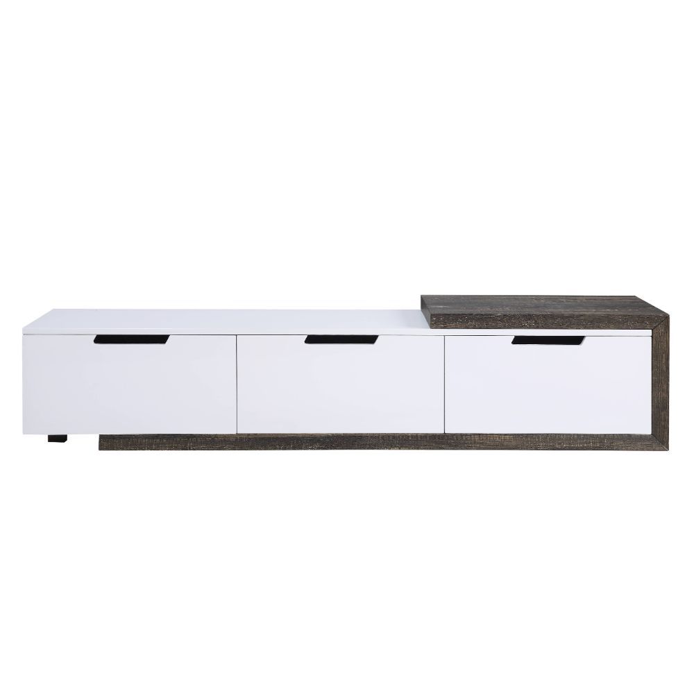 KD, Rectangular TV Stand Hidden Storage: 3 Drawers, Sliding Side Top () Max. Recommended TV Size: 75-" Flat Panel (CM) Wooden Extendable Top: White High Gloss & Wood Metal Leg: Black Finish CONSTRUCTION] Wooden Case-Frame: High Gloss, Veneer (Paper), MDF 