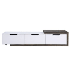KD, Rectangular TV Stand Hidden Storage: 3 Drawers, Sliding Side Top () Max. Recommended TV Size: 75-" Flat Panel (CM) Wooden Extendable Top: White High Gloss & Wood Metal Leg: Black Finish CONSTRUCTION] Wooden Case-Frame: High Gloss, Veneer (Paper), MDF 