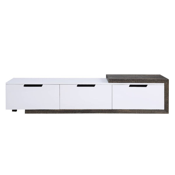 KD, Rectangular TV Stand Hidden Storage: 3 Drawers, Sliding Side Top () Max. Recommended TV Size: 75-" Flat Panel (CM) Wooden Extendable Top: White High Gloss & Wood Metal Leg: Black Finish CONSTRUCTION] Wooden Case-Frame: High Gloss, Veneer (Paper), MDF 