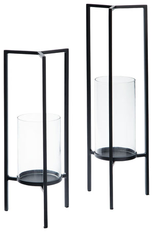 Create a romantic aura in your home with this set of candle holders. Featuring a metal frame encasing a glass hurricane, this simple accessory is the perfect choice for contemporary and rustic decors.<br><br><b>Additional Dimensions</b><br><ul><li>Candle 