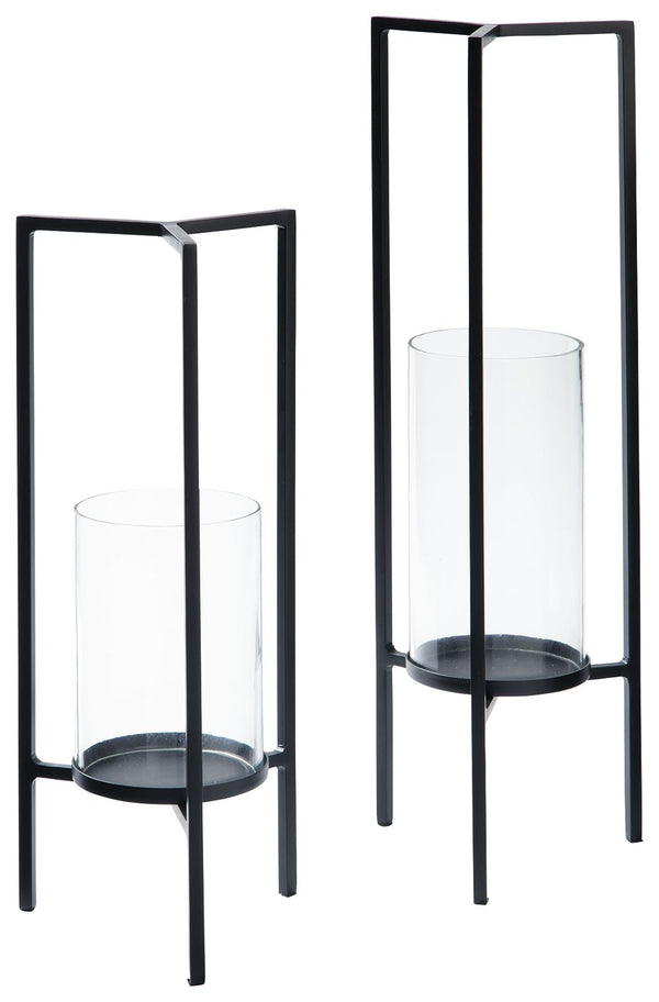 Create a romantic aura in your home with this set of candle holders. Featuring a metal frame encasing a glass hurricane, this simple accessory is the perfect choice for contemporary and rustic decors.<br><br><b>Additional Dimensions</b><br><ul><li>Candle 