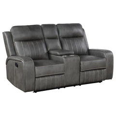 Merging the classic style of both contemporary and transitional design schemes, the motion loveseat creates a dreamy venue for relaxing and entertaining. Choose a pleasing motion loveseat covered in smooth grey leatherette upholstery with vertical topstit