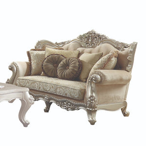 Unassemble Back (Back Could unassembly to make it easier to lift and move), w/Pillows â€¢ Carved Floral Crown, Arched-Scrolled Trim with Nailhead Trim: Champagne Finish, Poplar Wood (Front Armrest, Leg & Base) â€¢ Backrest Style: Wingback with Crystal-lik