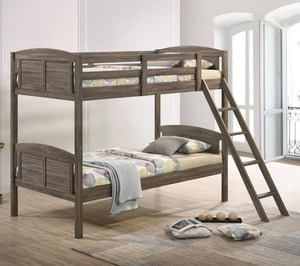  perfect for compact bedrooms and shared sibling spaces. A weathered brown finish lends a neutral hue to transform a space into a serene