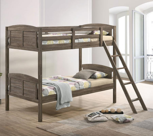  perfect for compact bedrooms and shared sibling spaces. A weathered brown finish lends a neutral hue to transform a space into a serene