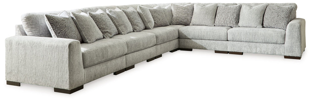 Sit back and enjoy the velvety softness of this sectional. Its contemporary design is accentuated by a subtle chevron pattern that masters the art of smart and sophisticated style.<br/><br/><b>Product Features</b><ul><li>Includes 6 pieces: left-arm facing