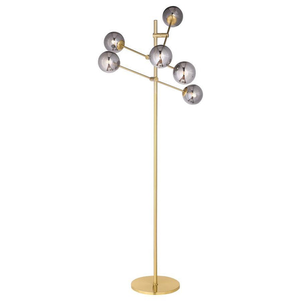 Accentuate an inviting space with the vintage flair of this modern six-light floor lamp. Its silhouette is Sputnik inspired, with glass orb shades on crossing stems, creating an orbital effect that-'s sure to capture attention. The lamp features a strict 