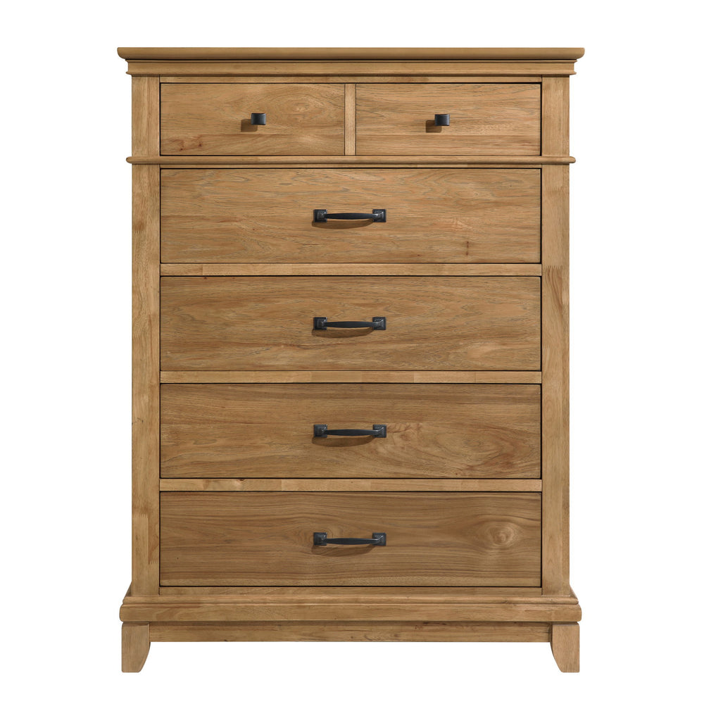 The Sunstone Chest combines durable, quality construction with solid rubberwood, manufactured woods, and hickory wood veneers, creating a strong and stable five-drawer chest. This collection features a classic, rustic style with natural wood finishes and 