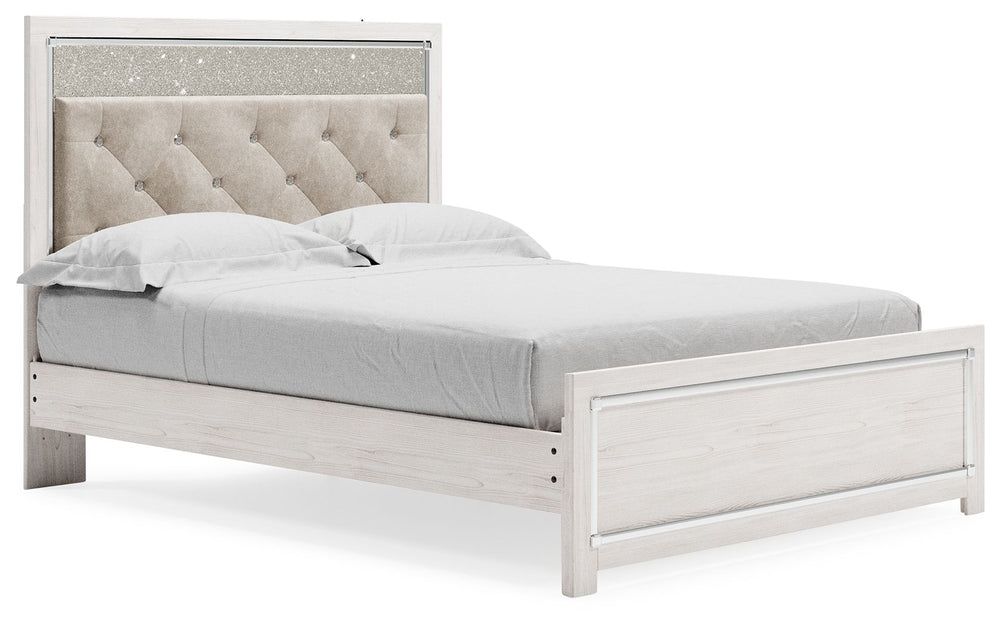 The epitome of fashion-forward design, this queen panel platform bed is a beautiful blend of comfort and luxury. Shiny chrome-tone accents, a pearlized finish and button-tufted upholstery bring a glam touch to the richly rustic appearance. Remote-controll