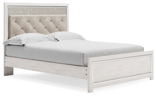 The epitome of fashion-forward design, this queen panel platform bed is a beautiful blend of comfort and luxury. Shiny chrome-tone accents, a pearlized finish and button-tufted upholstery bring a glam touch to the richly rustic appearance. Remote-controll