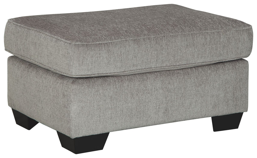 If style is the question, then this striking ottoman is the answer. Its decidedly contemporary profile is enhanced with plump cushioning and a chenille-feel upholstery that-'s so pleasing to the touch. Rest assured, this ottoman in richly neutral alloy is