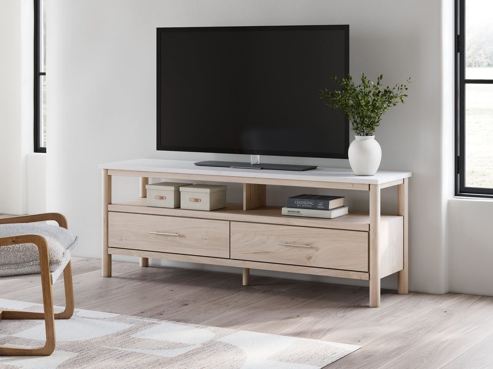 Imagine a TV stand that adds sophisticated and minimal boho style to your home with a stylish storage solution. This stand does just that. Its sleek design and replicated marble top create an upscale ambiance that-'s perfect for displaying your television