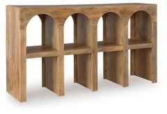 Sporting an arch design, this console sofa table is a striking statement piece for lovers of casual design. Talk about style with purposeâ€”crafted of mango wood in a natural brown finish, this piece delivers space to show off decor on top and rest a few 