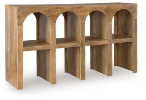 Sporting an arch design, this console sofa table is a striking statement piece for lovers of casual design. Talk about style with purposeâ€”crafted of mango wood in a natural brown finish, this piece delivers space to show off decor on top and rest a few 