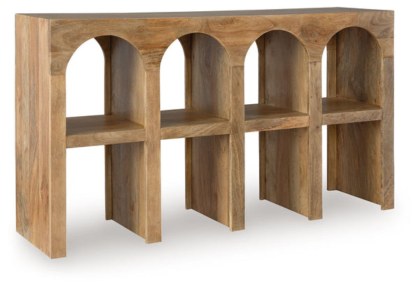 Sporting an arch design, this console sofa table is a striking statement piece for lovers of casual design. Talk about style with purposeâ€”crafted of mango wood in a natural brown finish, this piece delivers space to show off decor on top and rest a few 