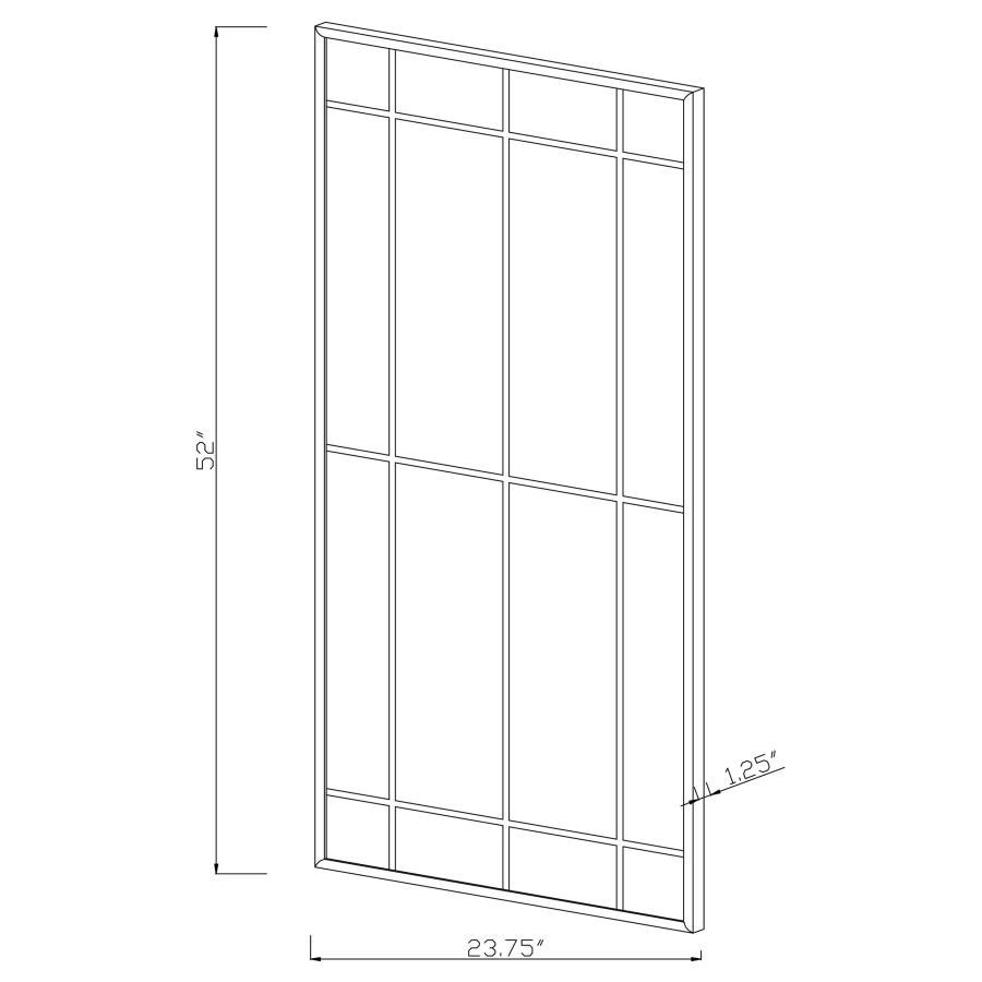 This tall French windowpane mirror features a vertical grid design that adds both elegance and architectural structure. Its elongated form enhances the illusion of ceiling height, while the black metal frame and linear trim offer strong contrast and class