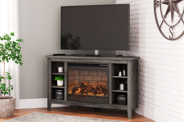 With its replicated weathered oak finish and authentic charm, this corner TV stand with electric fireplace is right in tune with your relaxed approach to high style. Beautifully shaped to nestle into any corner, itâ€™s well equipped with adjustable and fi