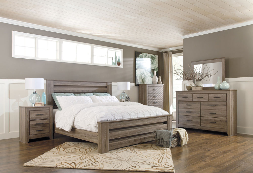 Zelen - Warm Gray - 8 Pc. - Dresser, Mirror, Chest, King Panel Bed, 2 Nightstands